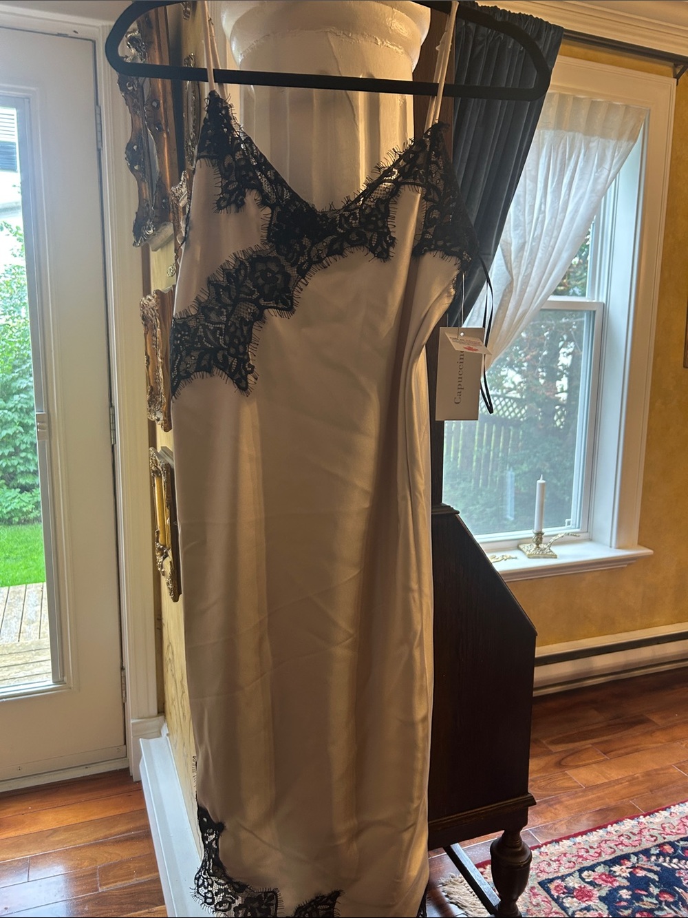 Silk-Feel Beige Slip with Black Lace Accent